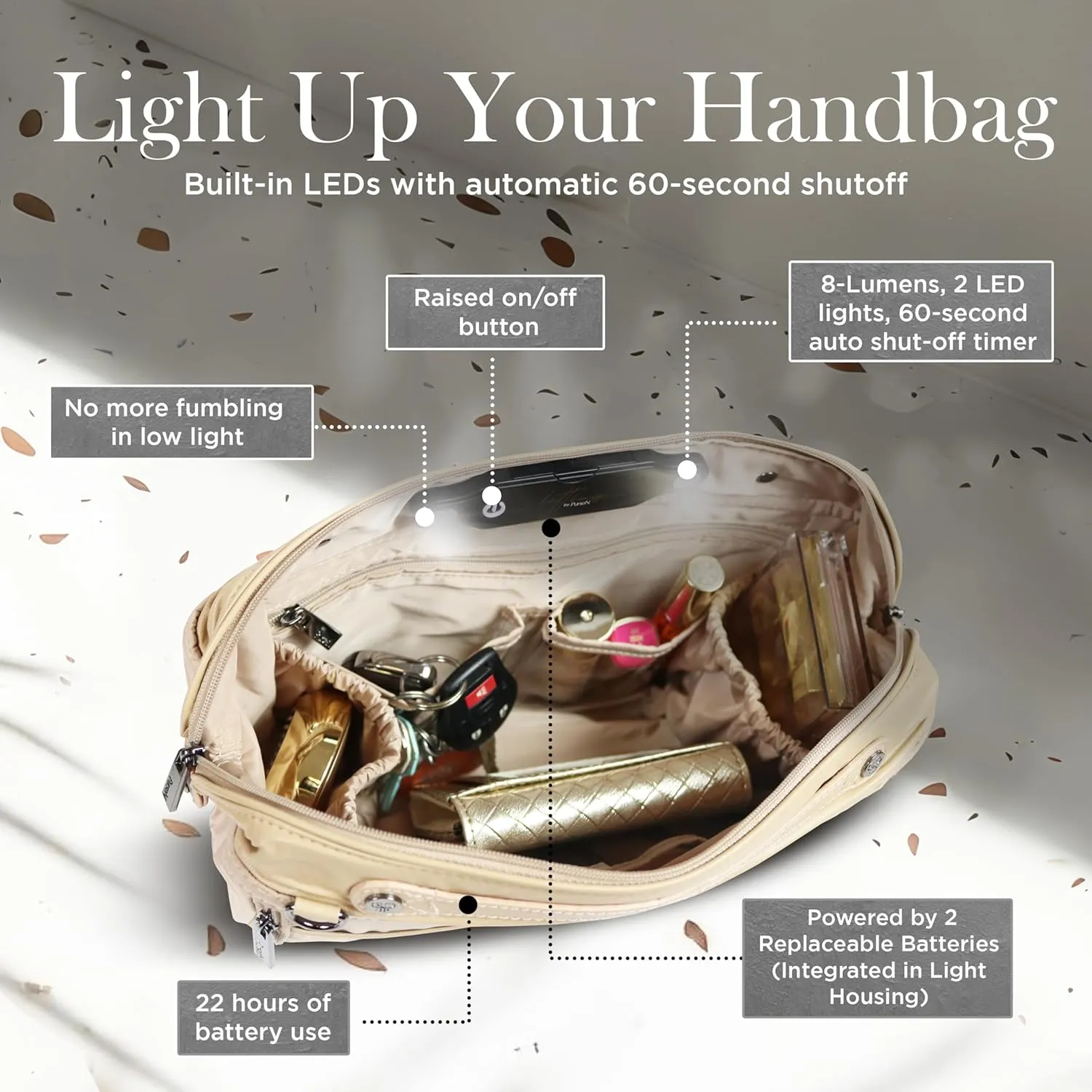 Littbag Handbag Organizer with Patented LED & Auto 60-sec Shutoff - Featured in Oprah's Favorite Things – Purse Organizer with 12 Compartments, Clear Pockets, Zippered Privacy Pocket & More (Nude)