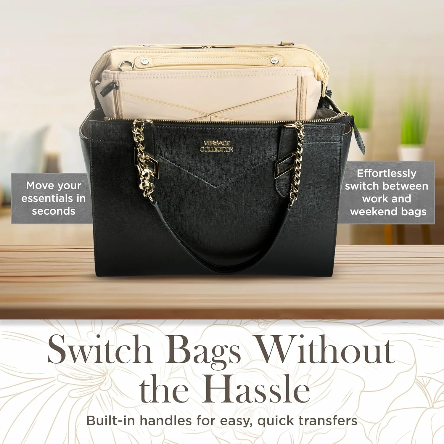 Littbag Handbag Organizer with Patented LED & Auto 60-sec Shutoff - Featured in Oprah's Favorite Things – Purse Organizer with 12 Compartments, Clear Pockets, Zippered Privacy Pocket & More (Nude)