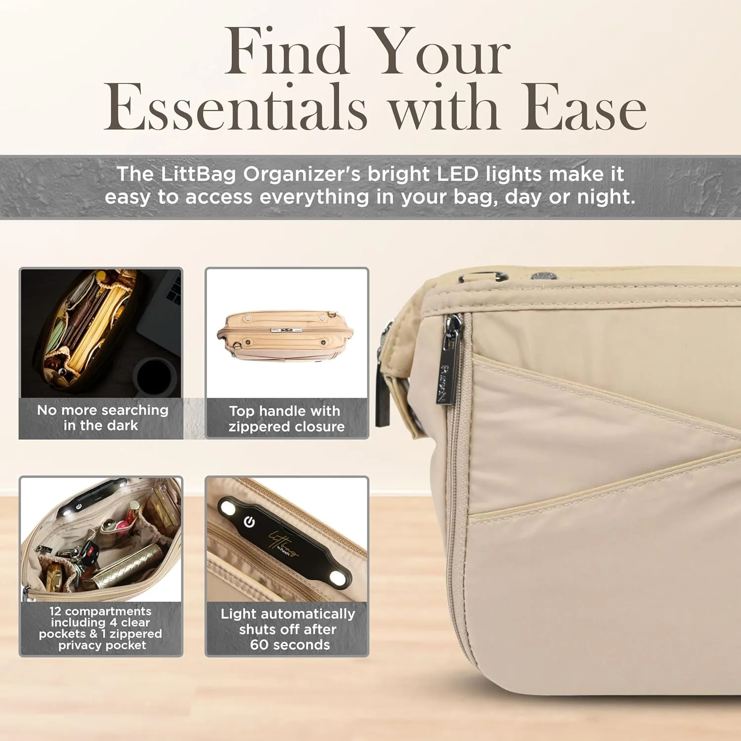 Littbag Handbag Organizer with Patented LED & Auto 60-sec Shutoff - Featured in Oprah's Favorite Things – Purse Organizer with 12 Compartments, Clear Pockets, Zippered Privacy Pocket & More (Nude)