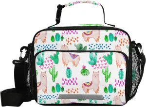 Llama Alpaca Cacti Succulents Heart Reusable Lunch Bag for Women Men, Insulated Lunch Box Handbag Portable for Office Picnic Travel Cooler Bag with Adjustable Shoulder Strap