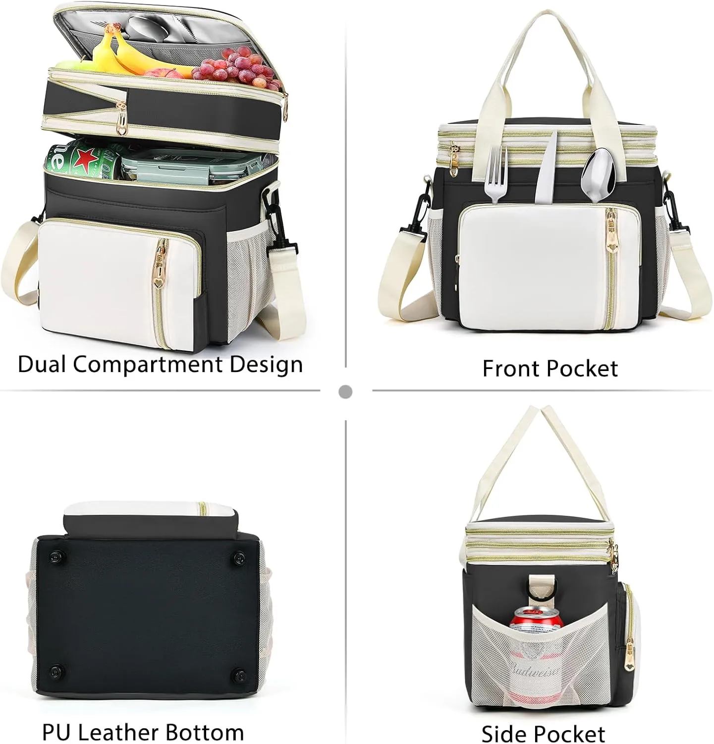 LOKASS Expandable Lunch Box for Women Men | Adult Lunchbag Cooler Tote Bag with Adjustable Shoulder Strap | Insulated Reusable Womens Lunch Bags for Work Camping Beach | 16L, Black-Polyester