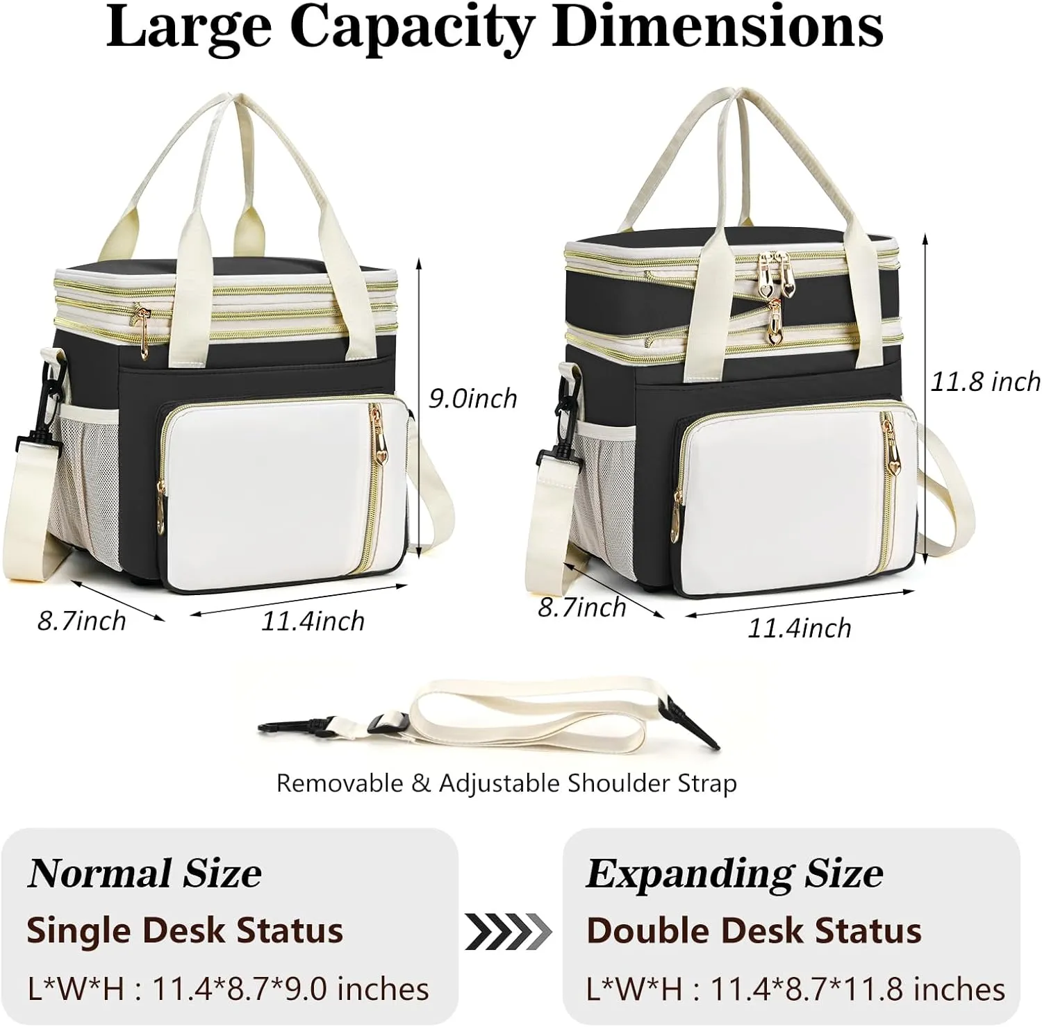 LOKASS Expandable Lunch Box for Women Men | Adult Lunchbag Cooler Tote Bag with Adjustable Shoulder Strap | Insulated Reusable Womens Lunch Bags for Work Camping Beach | 16L, Black-Polyester