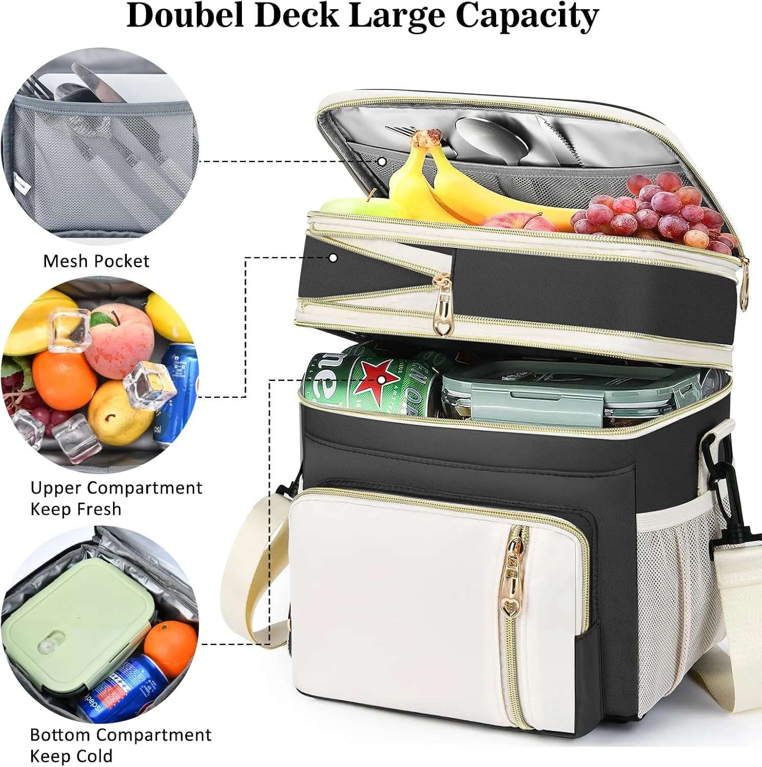 LOKASS Expandable Lunch Box for Women Men | Adult Lunchbag Cooler Tote Bag with Adjustable Shoulder Strap | Insulated Reusable Womens Lunch Bags for Work Camping Beach | 16L, Black-Polyester