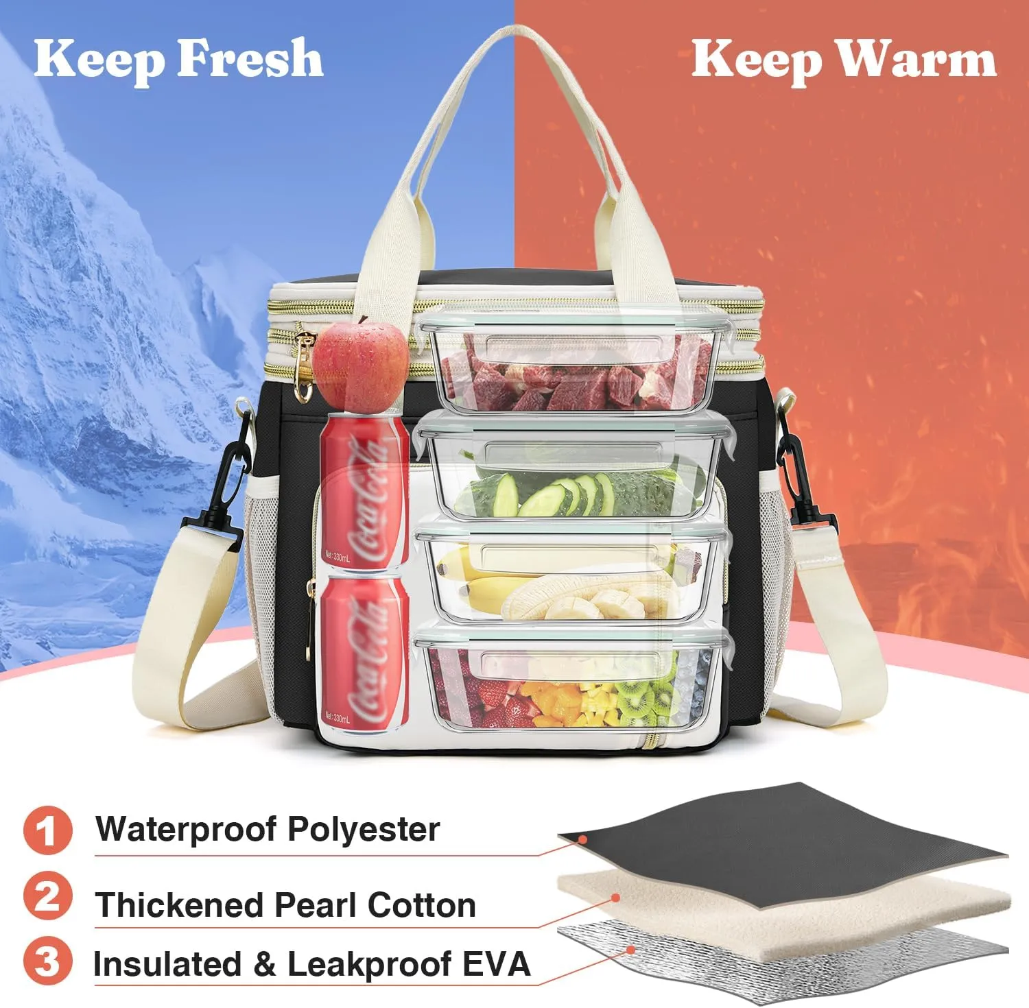 LOKASS Expandable Lunch Box for Women Men | Adult Lunchbag Cooler Tote Bag with Adjustable Shoulder Strap | Insulated Reusable Womens Lunch Bags for Work Camping Beach | 16L, Black-Polyester