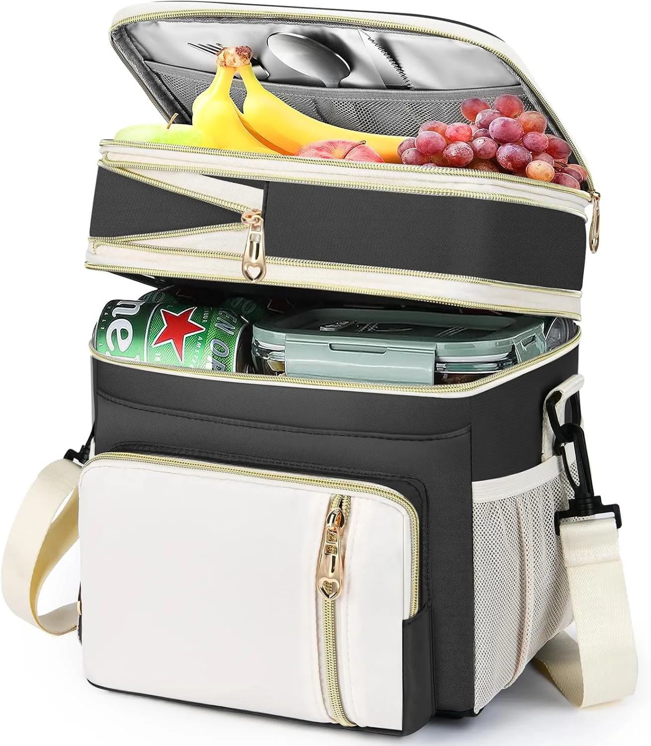 LOKASS Expandable Lunch Box for Women Men | Adult Lunchbag Cooler Tote Bag with Adjustable Shoulder Strap | Insulated Reusable Womens Lunch Bags for Work Camping Beach | 16L, Black-Polyester