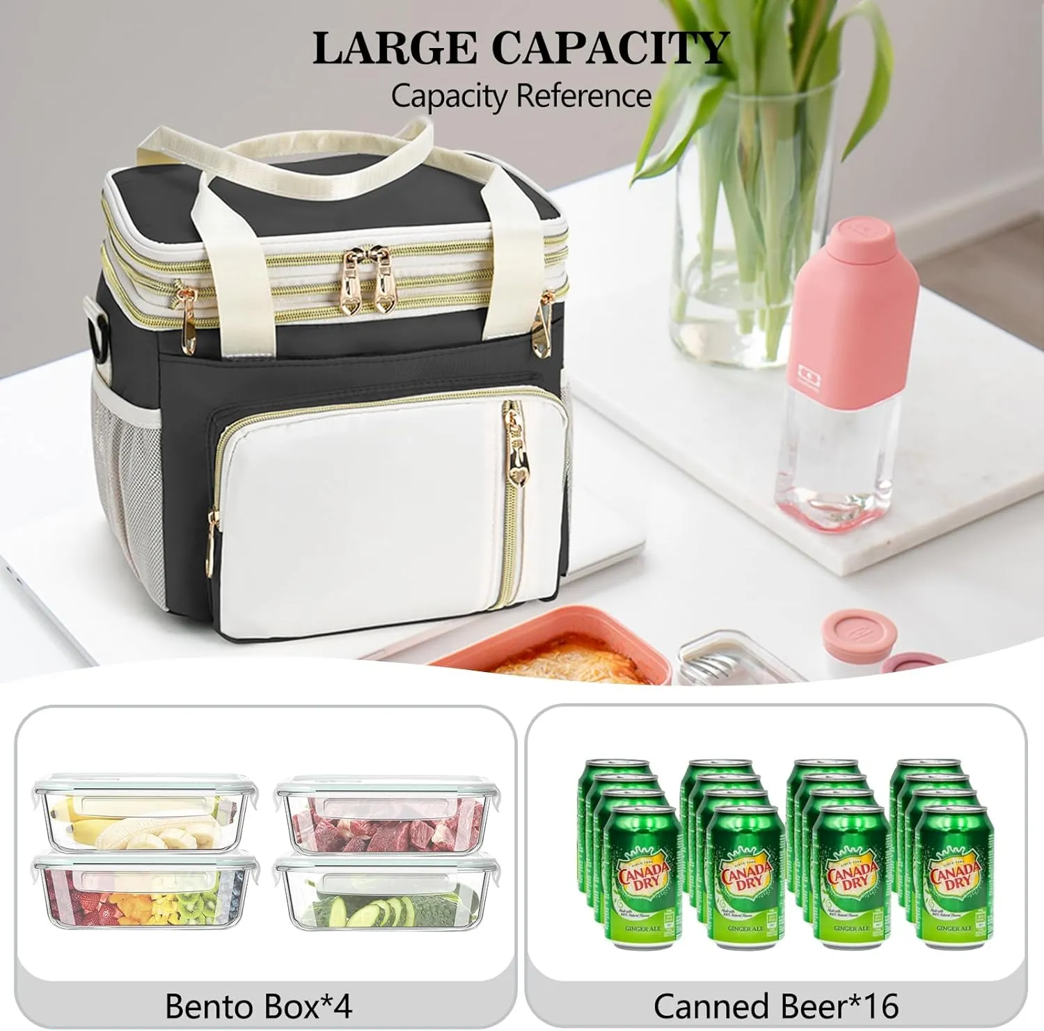 LOKASS Expandable Lunch Box for Women Men | Adult Lunchbag Cooler Tote Bag with Adjustable Shoulder Strap | Insulated Reusable Womens Lunch Bags for Work Camping Beach | 16L, Black-Polyester