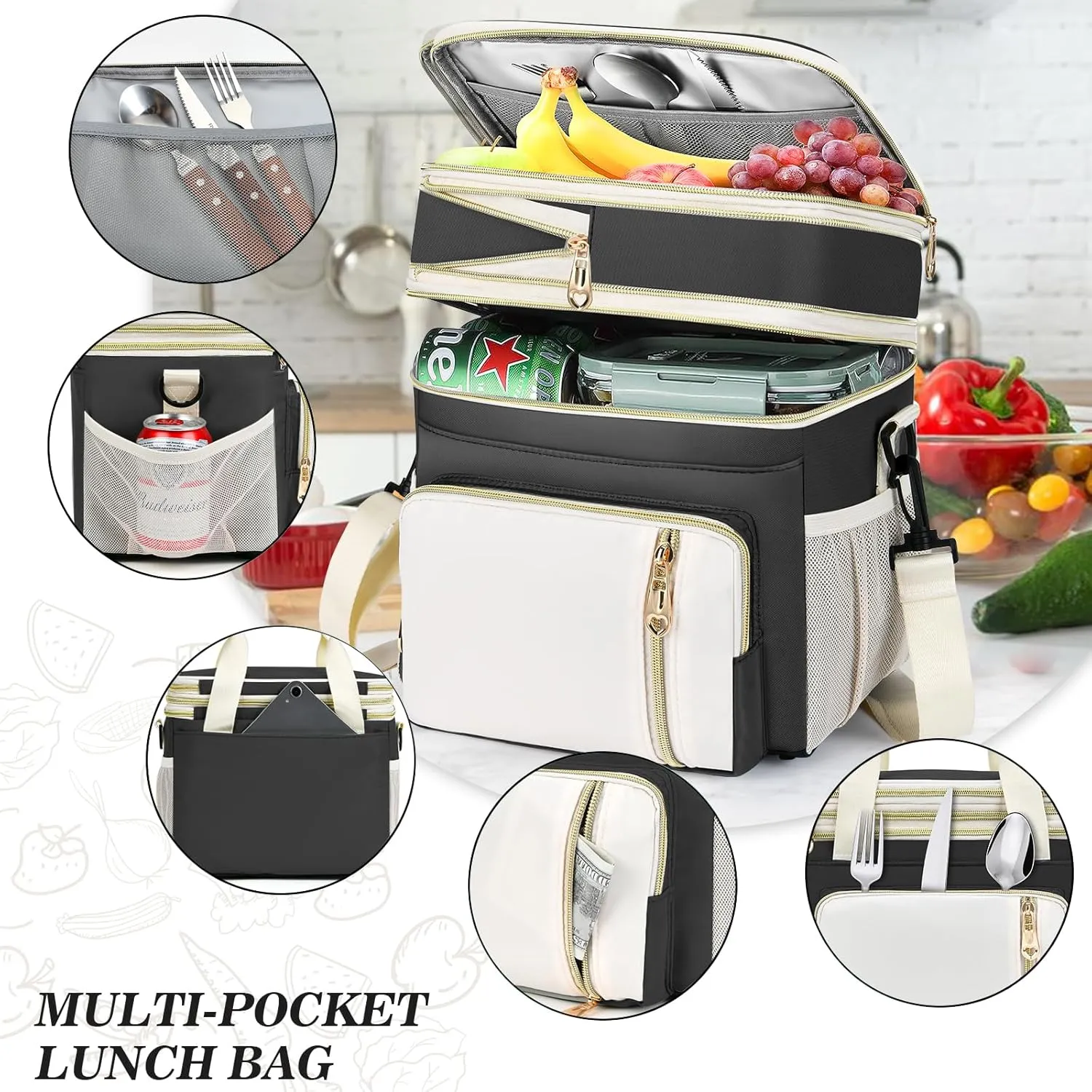 LOKASS Expandable Lunch Box for Women Men | Adult Lunchbag Cooler Tote Bag with Adjustable Shoulder Strap | Insulated Reusable Womens Lunch Bags for Work Camping Beach | 16L, Black-Polyester