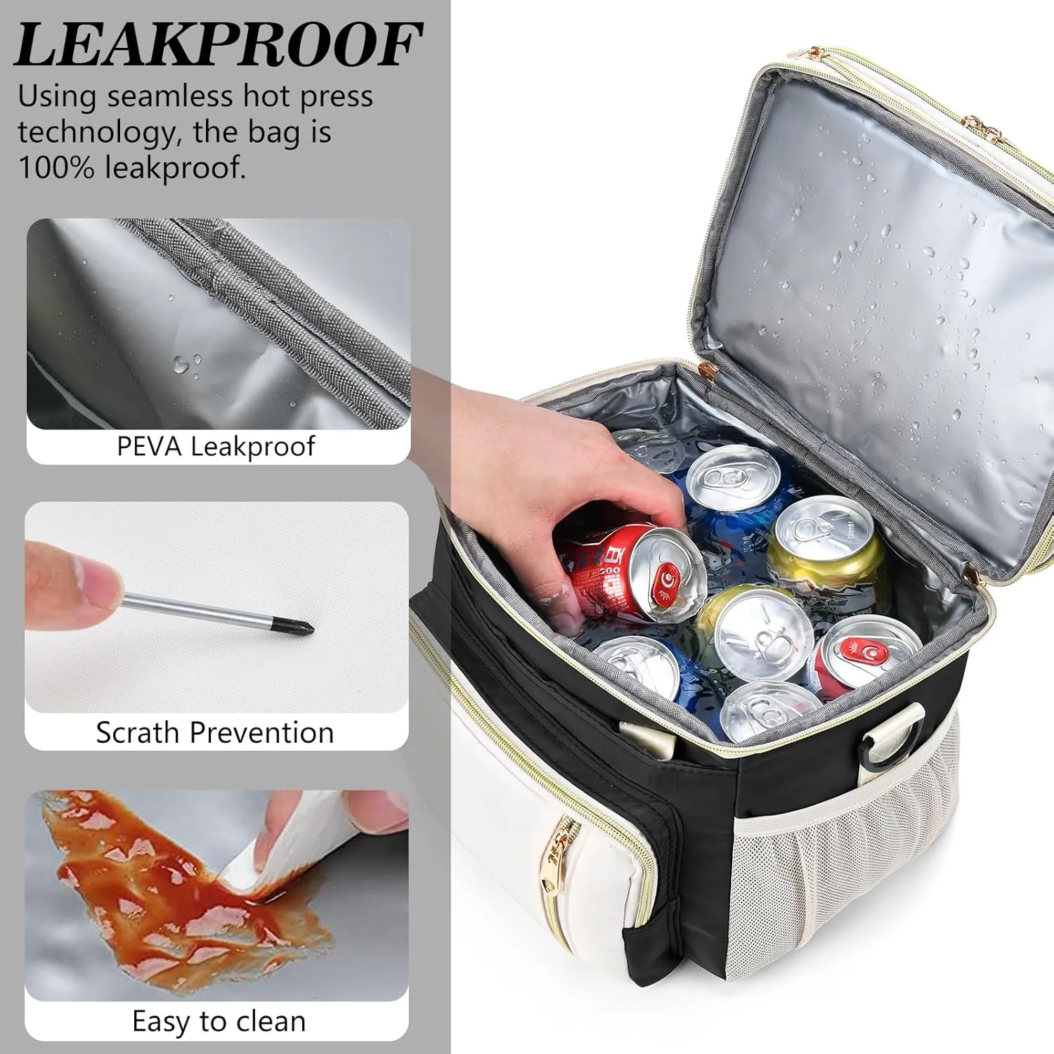 LOKASS Expandable Lunch Box for Women Men | Adult Lunchbag Cooler Tote Bag with Adjustable Shoulder Strap | Insulated Reusable Womens Lunch Bags for Work Camping Beach | 16L, Black-Polyester