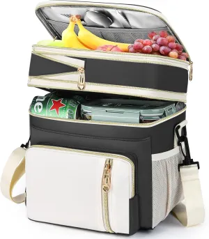 LOKASS Expandable Lunch Box for Women Men | Adult Lunchbag Cooler Tote Bag with Adjustable Shoulder Strap | Insulated Reusable Womens Lunch Bags for Work Camping Beach | 16L, Black-Polyester