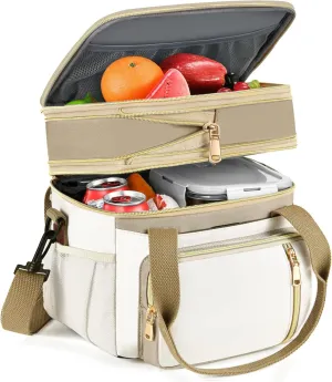 LOKASS Lunch Bag for Women/Men Work, 16L Expandable Double Deck Lunch box, Waterproof Leak-proof Cooler Bag, Portable Meal Prep Lunchbag with Adjustable Shoulder Strap - Brown
