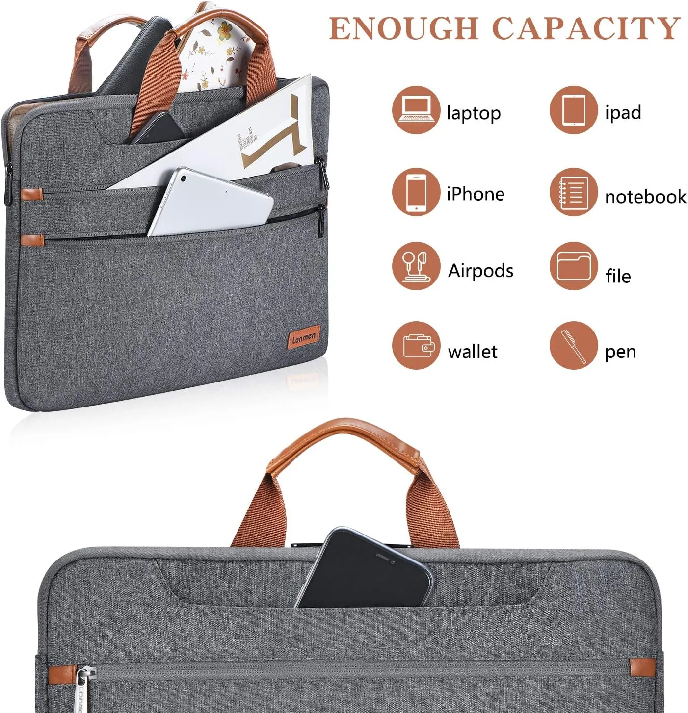 LONMEN 17.3 Inch Laptop Shoulder Bag,Computer Sleeve Carrying Case for 17.3" Lenovo IdeaPad 330 / Dell Inspiron 17 5000 / HP Pavilion/Acer/MSI/ASUS (Gray)