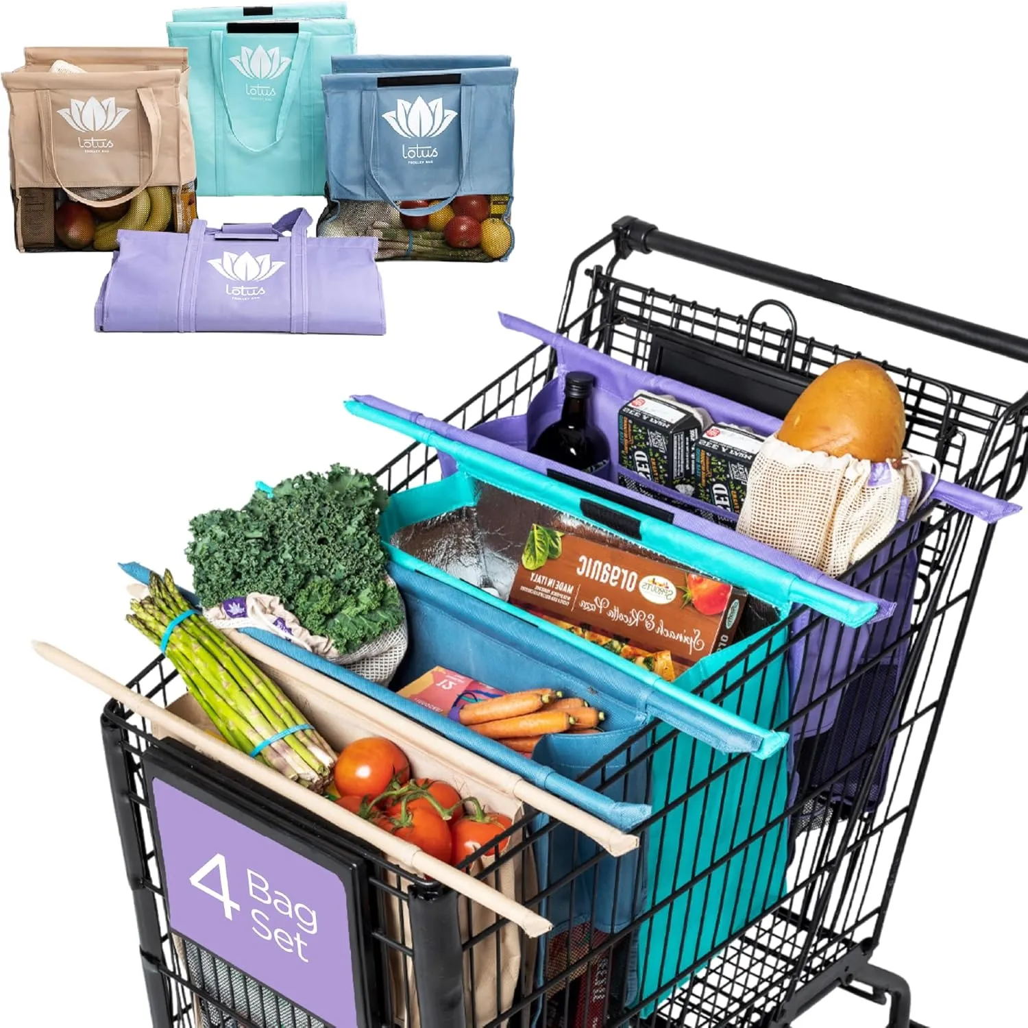 Lotus Trolley Bags -set of 4 -w/LRG COOLER Bag & Egg/Wine holder! Reusable Grocery Cart Bags sized for USA. Washable Eco-friendly 4-Bag reusable Grocery bag