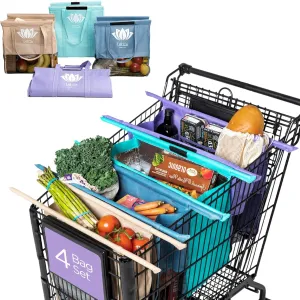 Lotus Trolley Bags -set of 4 -w/LRG COOLER Bag & Egg/Wine holder! Reusable Grocery Cart Bags sized for USA. Washable Eco-friendly 4-Bag reusable Grocery bag