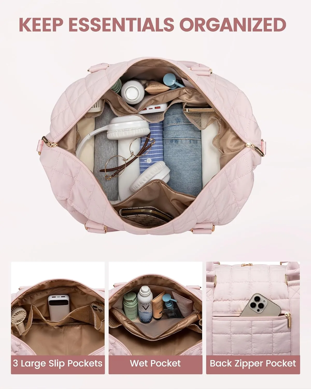 LOVEVOOK Large Duffle Bag for Travel, Puffer Weekend Bags for Women Travel Tote, Carry on Duffel Bag for Airplanes, 18 Inch Personal Item Bag Gym Bag Women, Pink