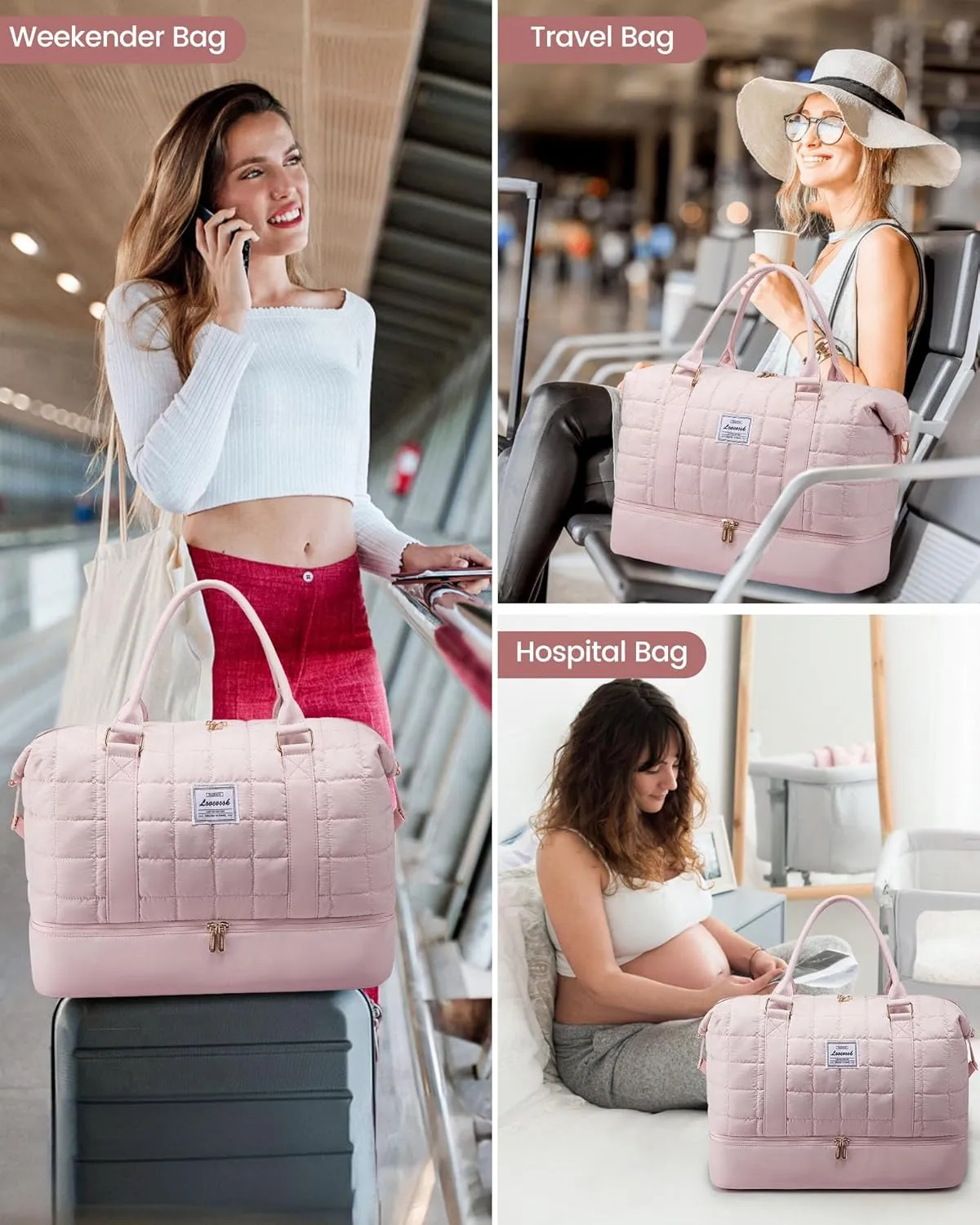 LOVEVOOK Large Duffle Bag for Travel, Puffer Weekend Bags for Women Travel Tote, Carry on Duffel Bag for Airplanes, 18 Inch Personal Item Bag Gym Bag Women, Pink