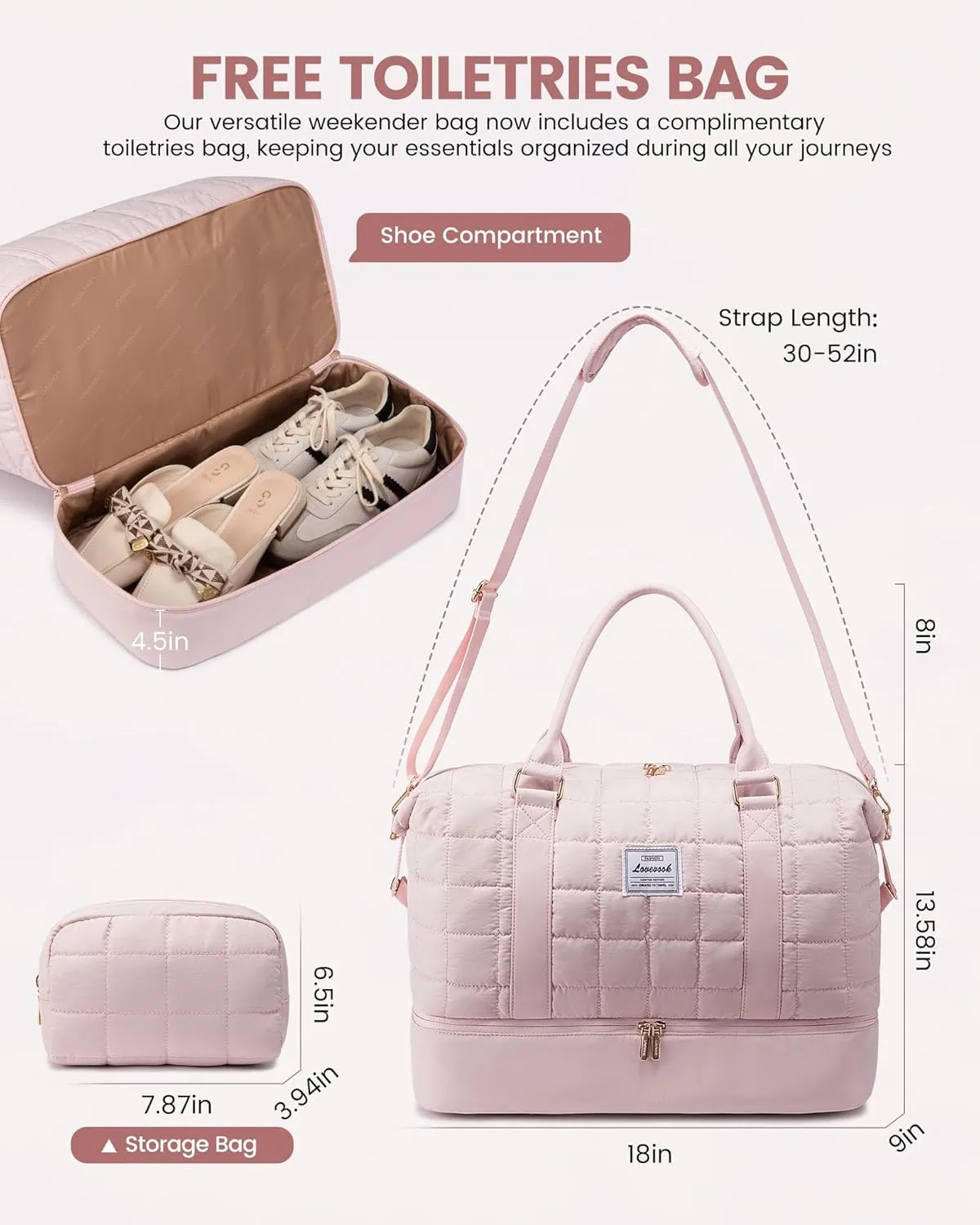 LOVEVOOK Large Duffle Bag for Travel, Puffer Weekend Bags for Women Travel Tote, Carry on Duffel Bag for Airplanes, 18 Inch Personal Item Bag Gym Bag Women, Pink