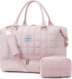 LOVEVOOK Large Duffle Bag for Travel, Puffer Weekend Bags for Women Travel Tote, Carry on Duffel Bag for Airplanes, 18 Inch Personal Item Bag Gym Bag Women, Pink