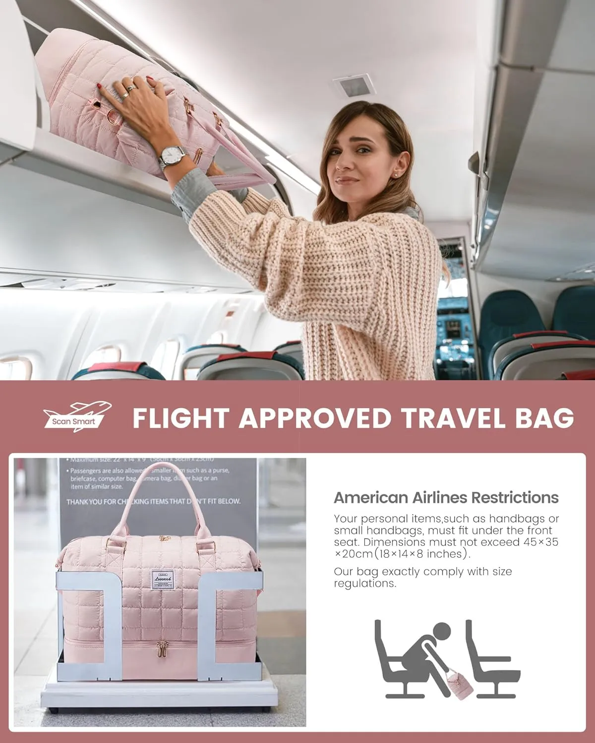 LOVEVOOK Large Duffle Bag for Travel, Puffer Weekend Bags for Women Travel Tote, Carry on Duffel Bag for Airplanes, 18 Inch Personal Item Bag Gym Bag Women, Pink