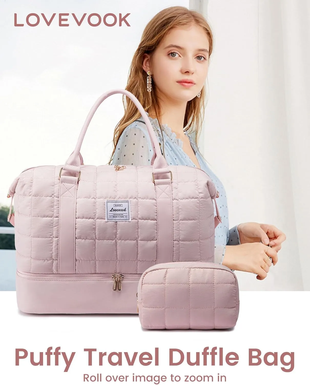 LOVEVOOK Large Duffle Bag for Travel, Puffer Weekend Bags for Women Travel Tote, Carry on Duffel Bag for Airplanes, 18 Inch Personal Item Bag Gym Bag Women, Pink