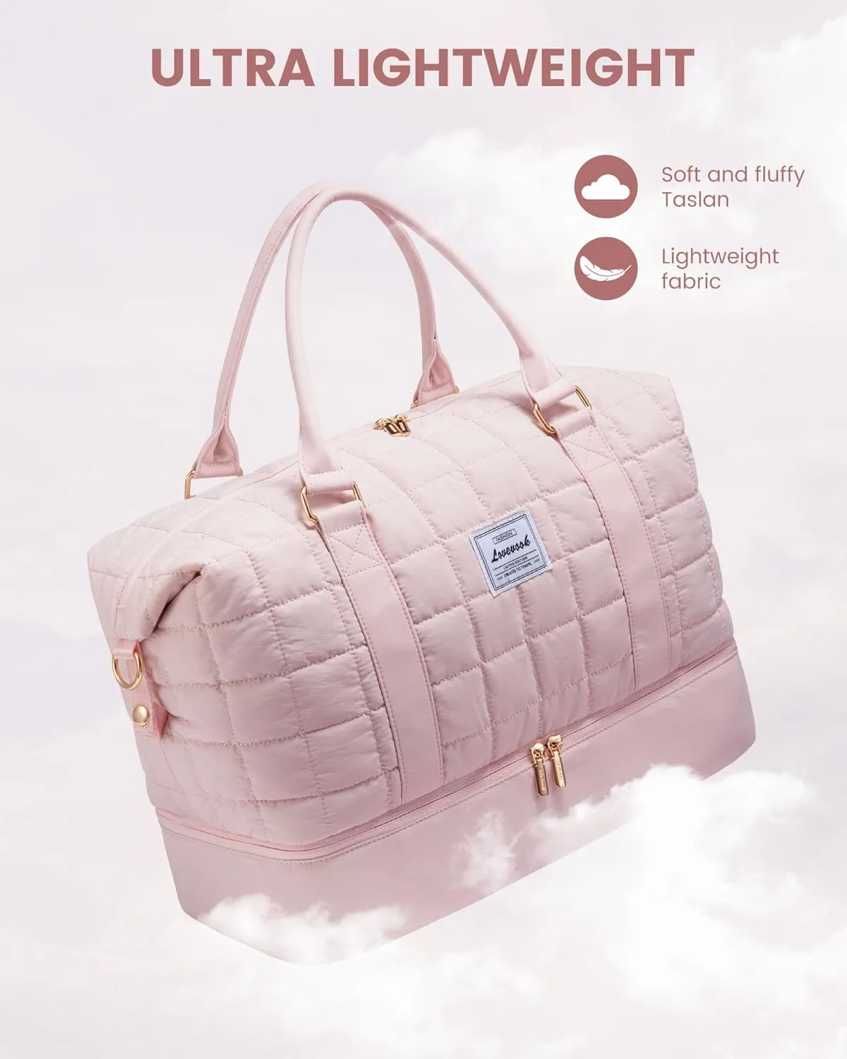 LOVEVOOK Large Duffle Bag for Travel, Puffer Weekend Bags for Women Travel Tote, Carry on Duffel Bag for Airplanes, 18 Inch Personal Item Bag Gym Bag Women, Pink