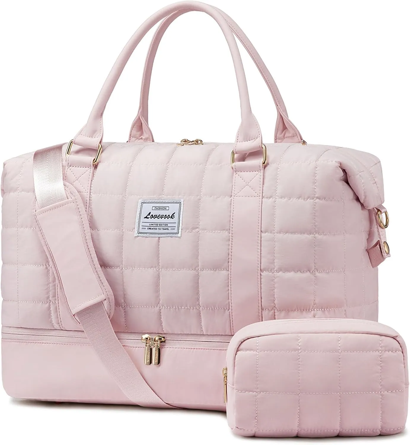LOVEVOOK Large Duffle Bag for Travel, Puffer Weekend Bags for Women Travel Tote, Carry on Duffel Bag for Airplanes, 18 Inch Personal Item Bag Gym Bag Women, Pink