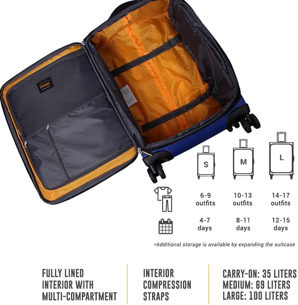 Lucas Ultra Lightweight Carry On - Expandable Softside 20 Inch Luggage - Small Rolling Bag Fits Most Airline Compartments - Durable 8-Spinner Wheels Suitcase (Royal Blue)