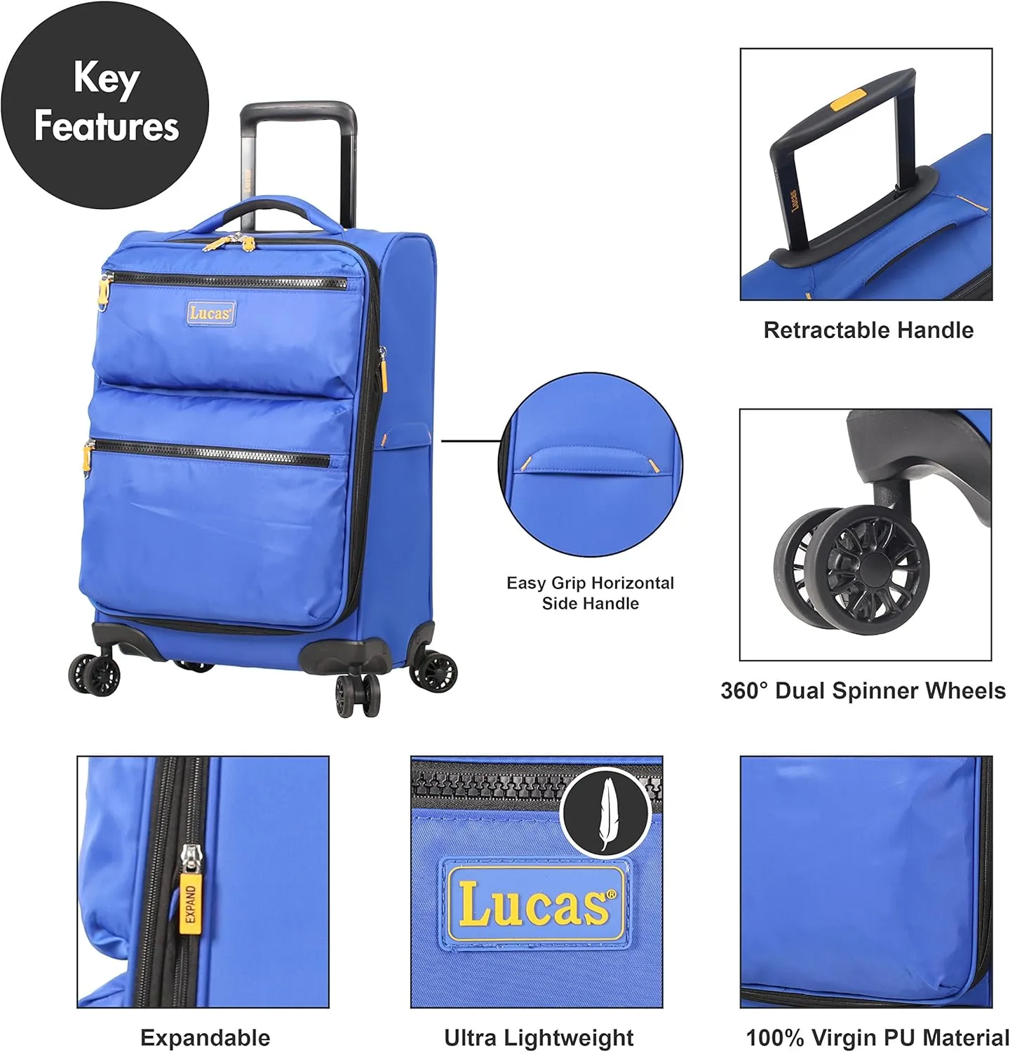 Lucas Ultra Lightweight Carry On - Expandable Softside 20 Inch Luggage - Small Rolling Bag Fits Most Airline Compartments - Durable 8-Spinner Wheels Suitcase (Royal Blue)