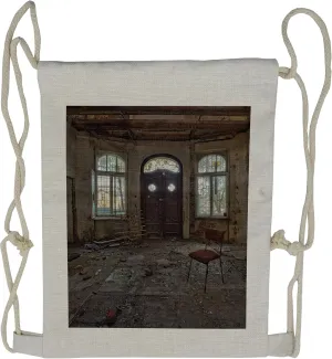 Lunarable Building Drawstring Backpack, Abandoned House Interior, Sackpack Bag