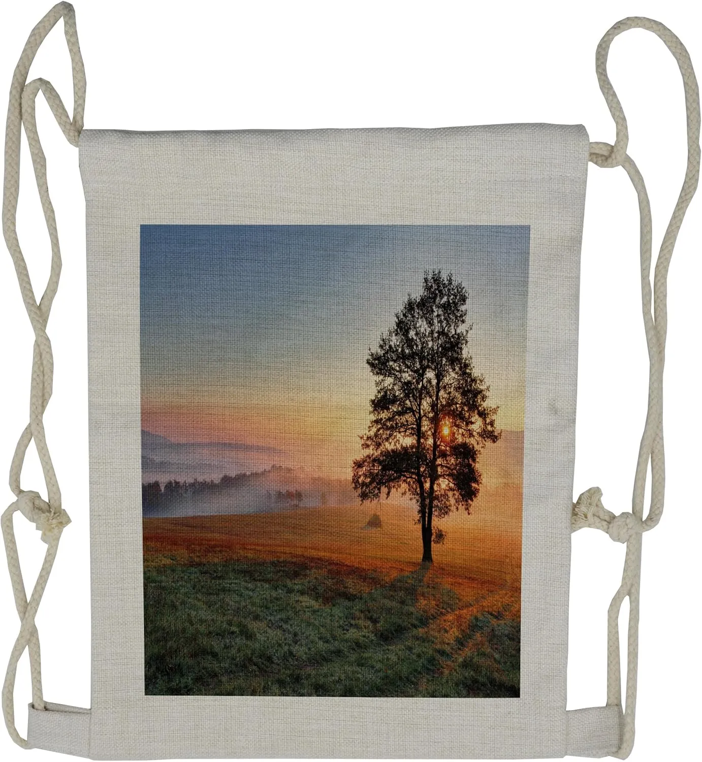 Lunarable Landscape Drawstring Backpack, Meadow Dramatic Sunset, Sackpack Bag