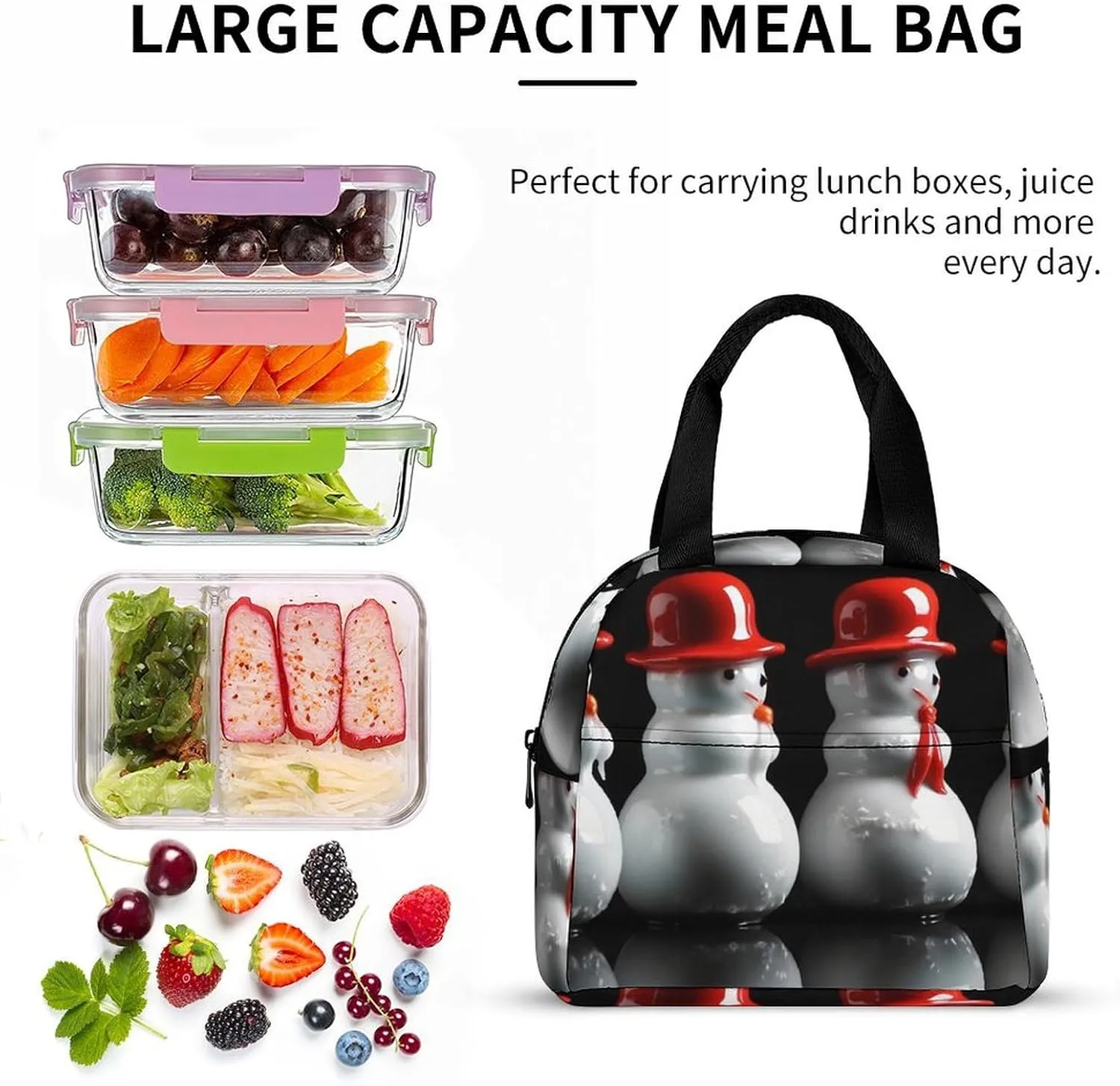 Lunch Bag for Women Men Portable Insulated Lunch Box White Snowman Sculpture LunchBox Reusable Tote Bags for Work Picnic