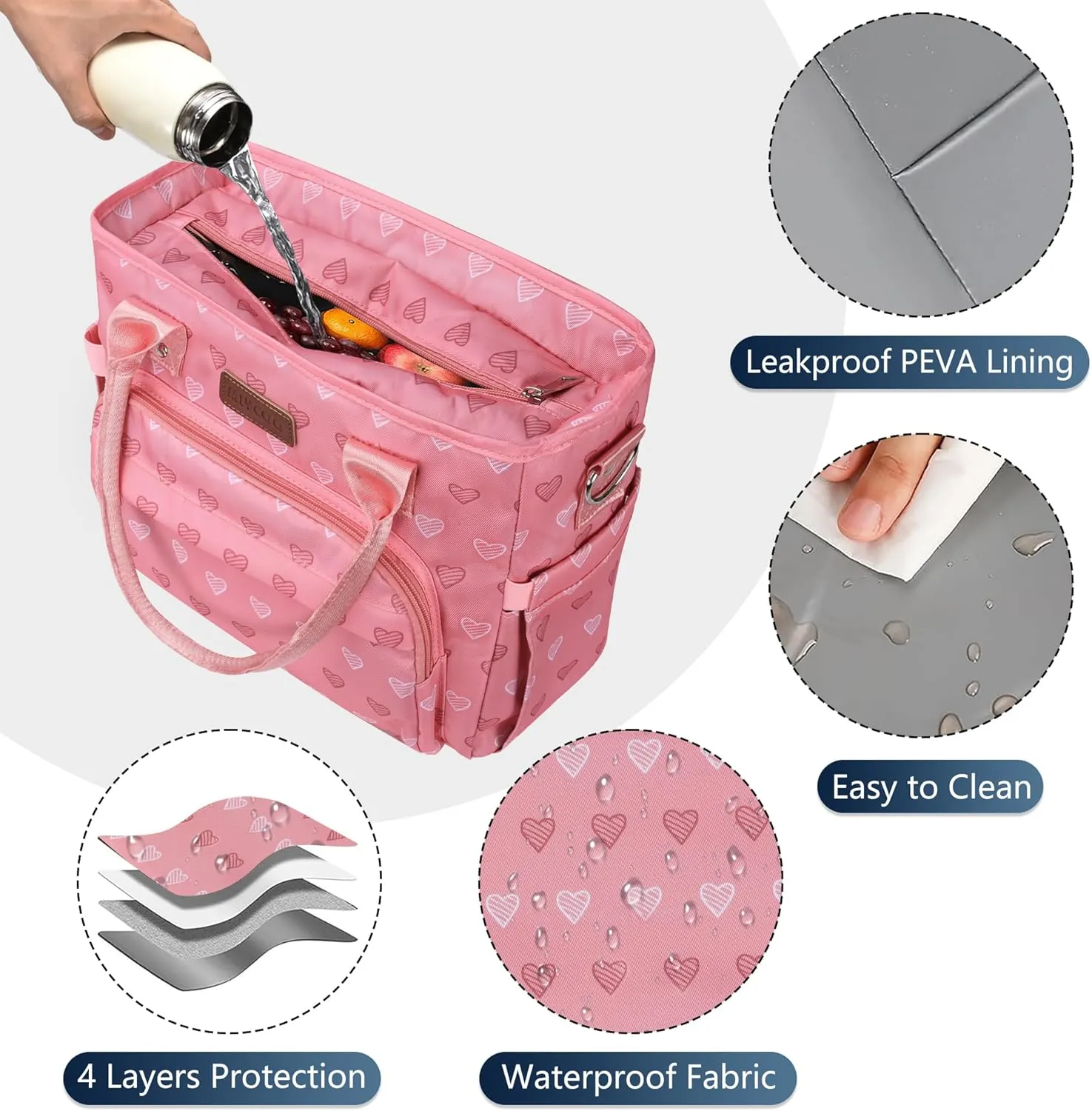 Lunch Bag Lunch Box Women - Leakproof Insulated Lunch Cooler Bag for Women - Large Lunch Tote Bags Adults, Pink Heart
