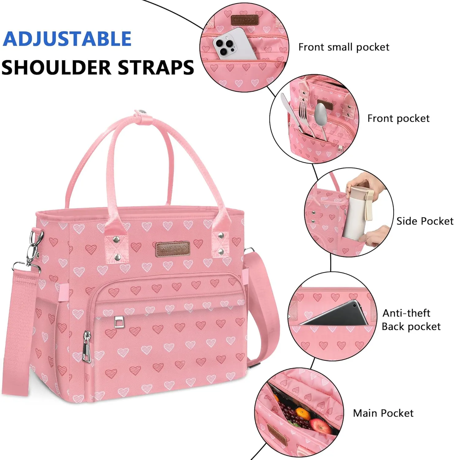 Lunch Bag Lunch Box Women - Leakproof Insulated Lunch Cooler Bag for Women - Large Lunch Tote Bags Adults, Pink Heart