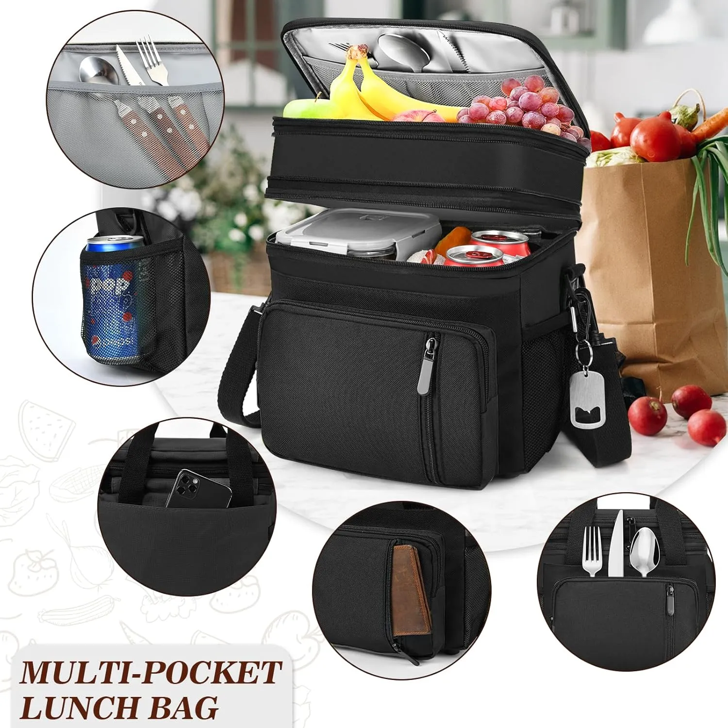 Lunch Box & Lunch Bag for Men Women, Large Insulated Adult Lunch Box, Leakproof Cooler Lunchbox with Bottle Opener for Work Picnic Beach, 16L, Black