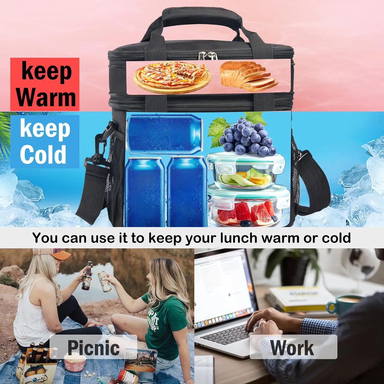 Lunch Box For Men/Women,Large Double-layer Insulated Expandable Reusable Leakproof Cooler Bags For Adults,Lunch Bag With Adjustable Shoulder Strap For Office Travel Picnic（Cyan）