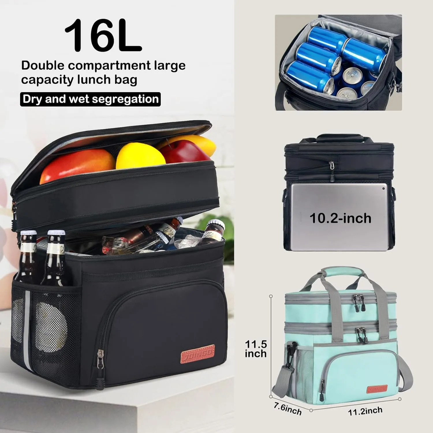 Lunch Box For Men/Women,Large Double-layer Insulated Expandable Reusable Leakproof Cooler Bags For Adults,Lunch Bag With Adjustable Shoulder Strap For Office Travel Picnic（Cyan）