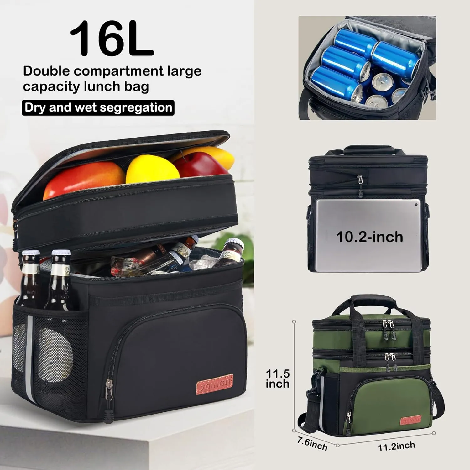 Lunch Box For Men/Women,Large Double-layer Insulated Expandable Reusable Leakproof Cooler Bags For Adults,Lunch Bag With Adjustable Shoulder Strap For Office Travel Picnic(Green)