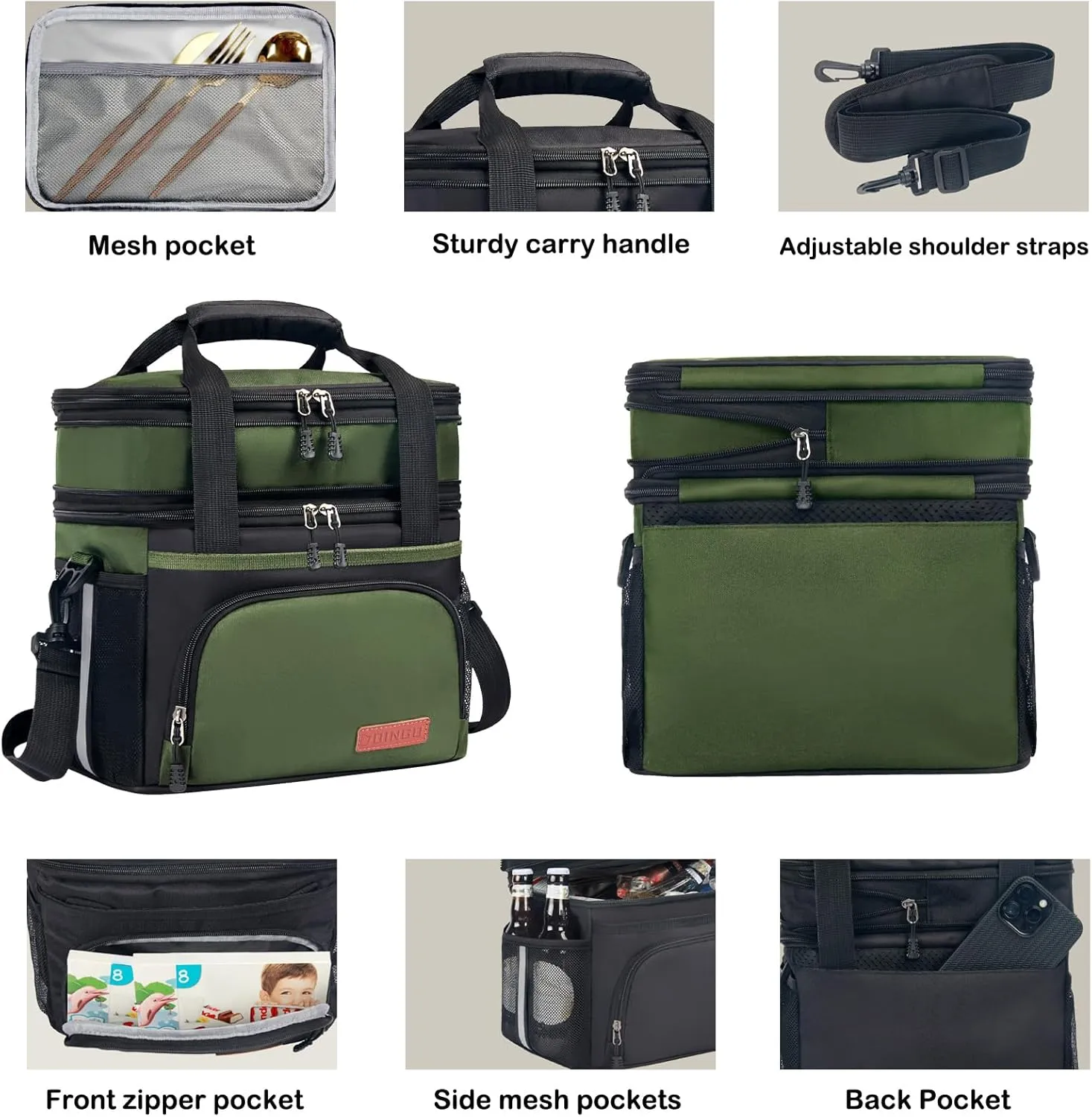 Lunch Box For Men/Women,Large Double-layer Insulated Expandable Reusable Leakproof Cooler Bags For Adults,Lunch Bag With Adjustable Shoulder Strap For Office Travel Picnic(Green)