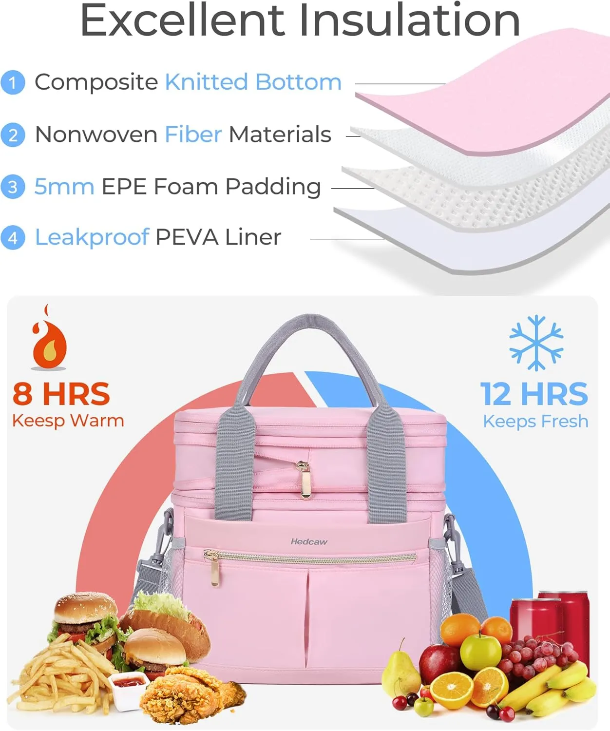 Lunch Box for Women Double Deck Insulated Lunch Bag Women Expandable Leakproof Reusable Lunch Cooler Bag for Work, Office, Picnic, Grey