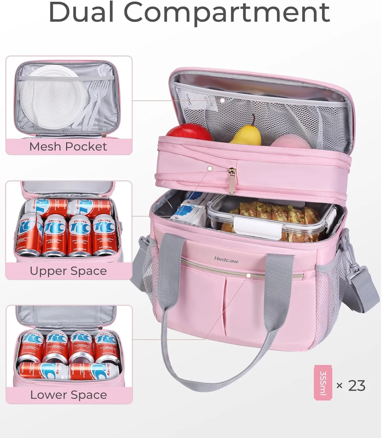 Lunch Box for Women Double Deck Insulated Lunch Bag Women Expandable Leakproof Reusable Lunch Cooler Bag for Work, Office, Picnic, Grey