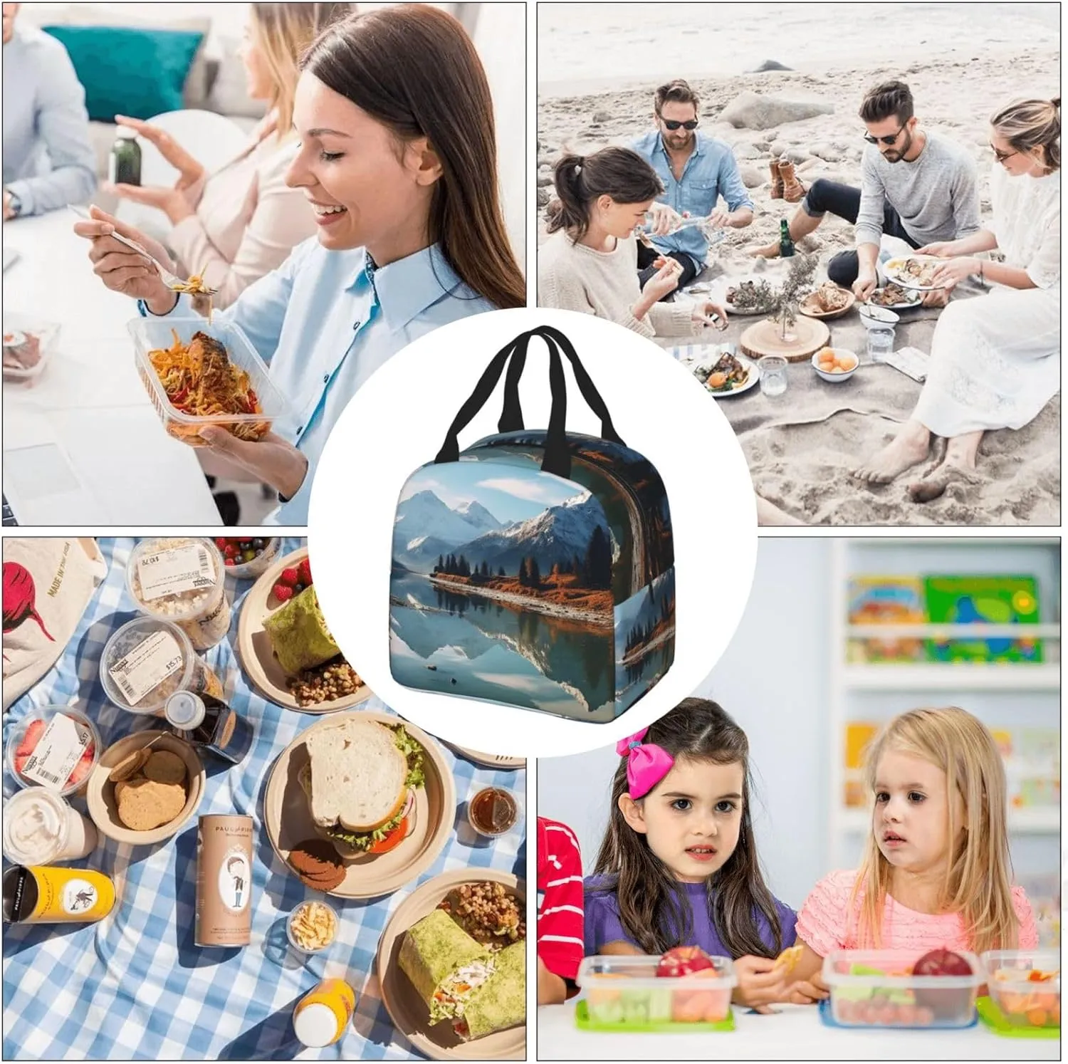 Lunch Box for Women Men Insulated Lunch Bag Mountains surround the lake Reusable Lunch Tote Bags for Work Office Travel