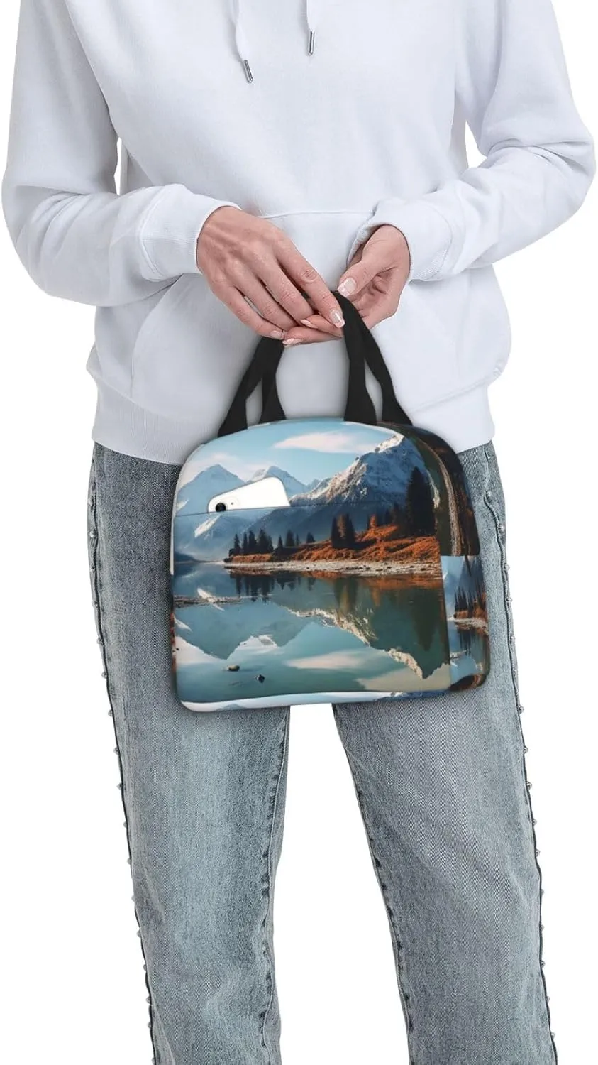 Lunch Box for Women Men Insulated Lunch Bag Mountains surround the lake Reusable Lunch Tote Bags for Work Office Travel
