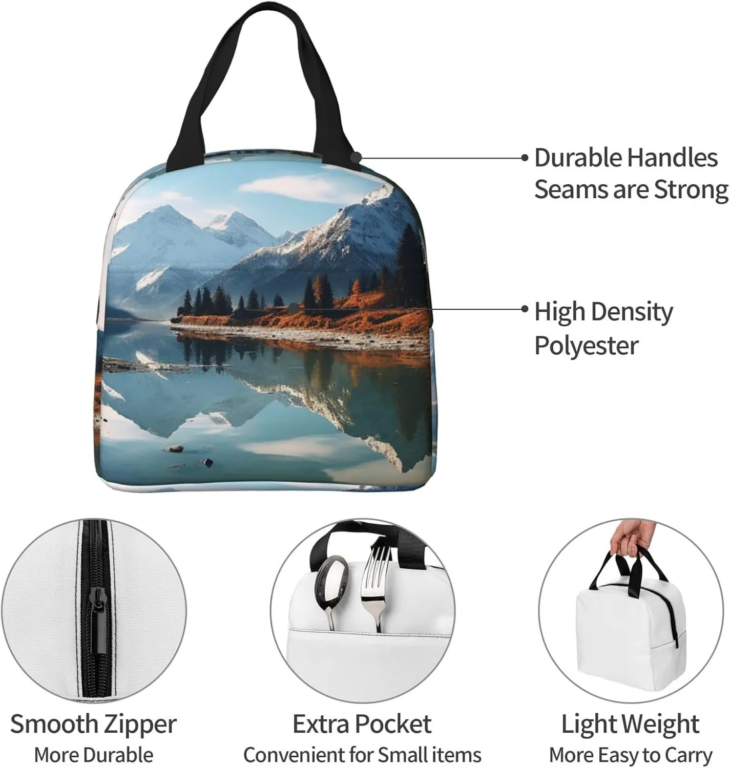 Lunch Box for Women Men Insulated Lunch Bag Mountains surround the lake Reusable Lunch Tote Bags for Work Office Travel
