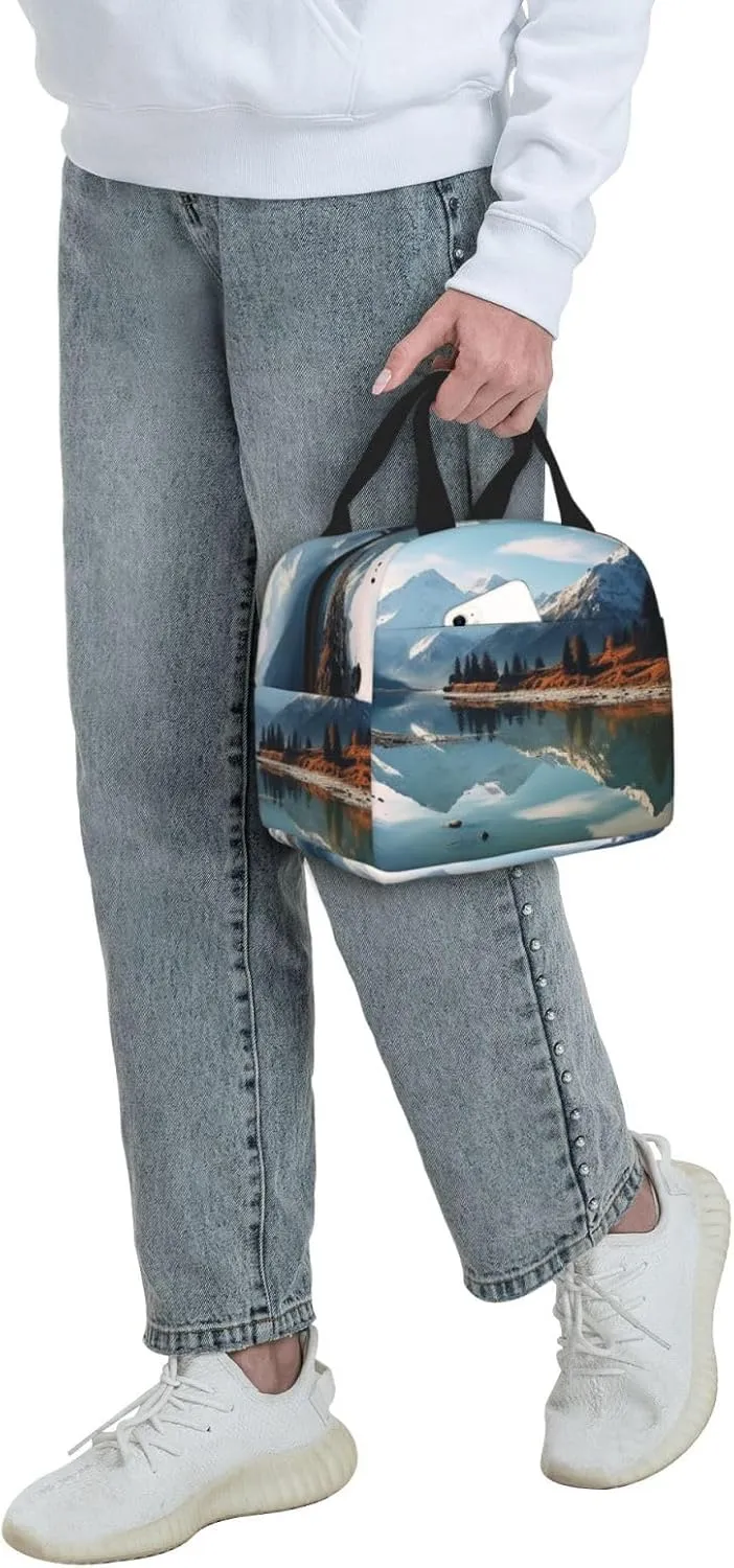Lunch Box for Women Men Insulated Lunch Bag Mountains surround the lake Reusable Lunch Tote Bags for Work Office Travel