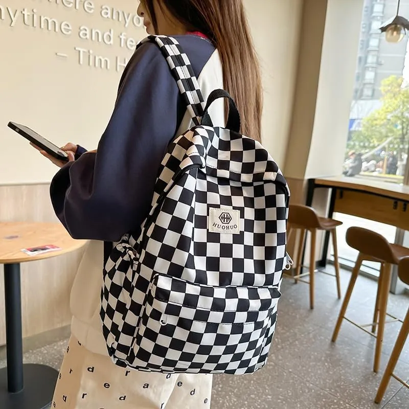 Lushandy 3PCS Checkered Backpack with Lunch Bag, Womens College Backpack Set Cute Aesthetic Daypack Checkered Laptop Backpack