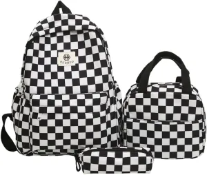Lushandy 3PCS Checkered Backpack with Lunch Bag, Womens College Backpack Set Cute Aesthetic Daypack Checkered Laptop Backpack