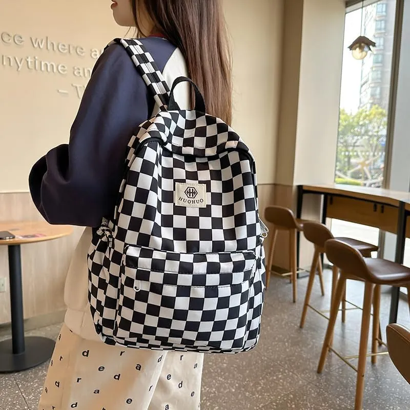 Lushandy 3PCS Checkered Backpack with Lunch Bag, Womens College Backpack Set Cute Aesthetic Daypack Checkered Laptop Backpack