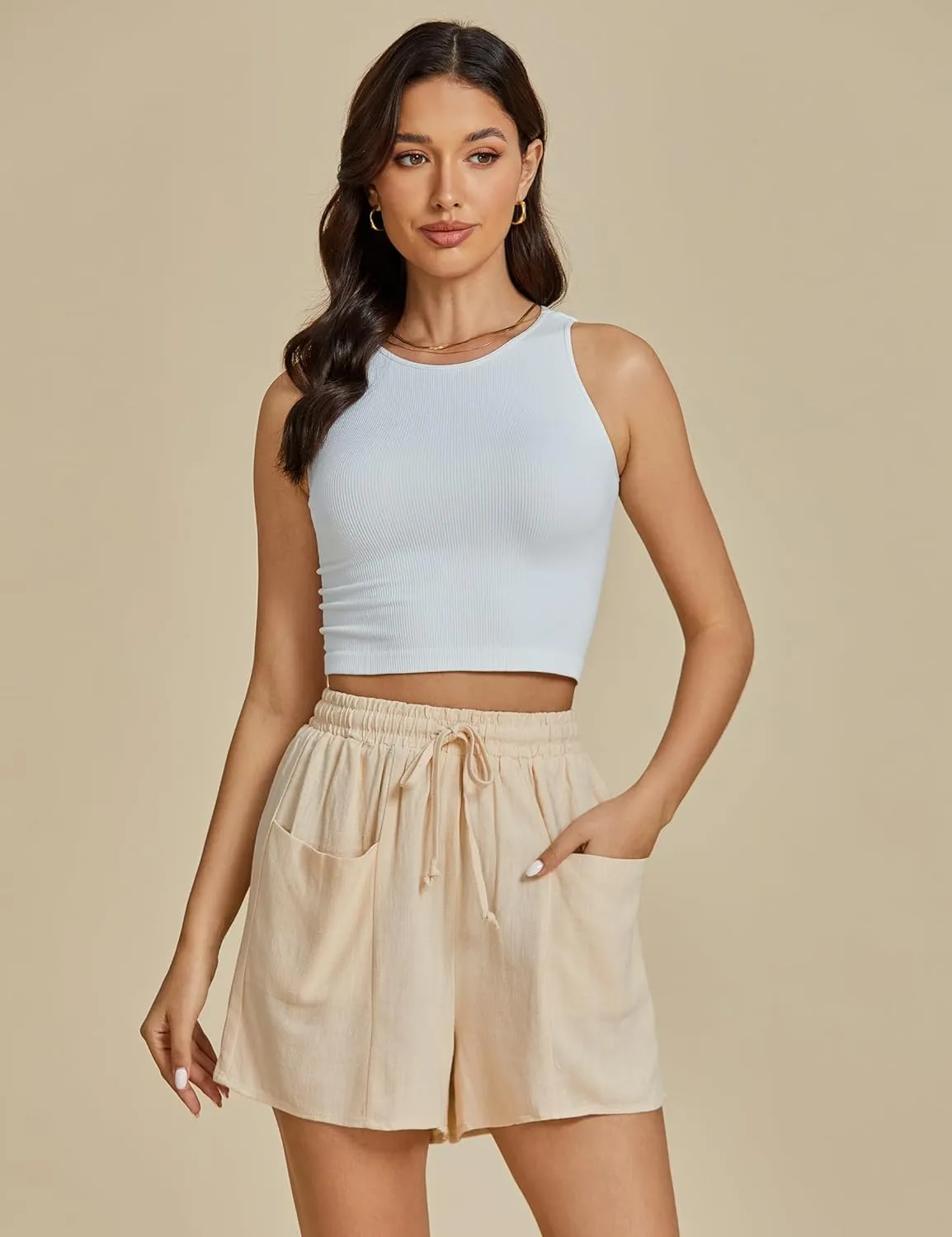 luvamia Linen Shorts for Women Trendy High Waisted Casual Summer Pull On Drawstring Beach Loost Fit Shorts with Pockets