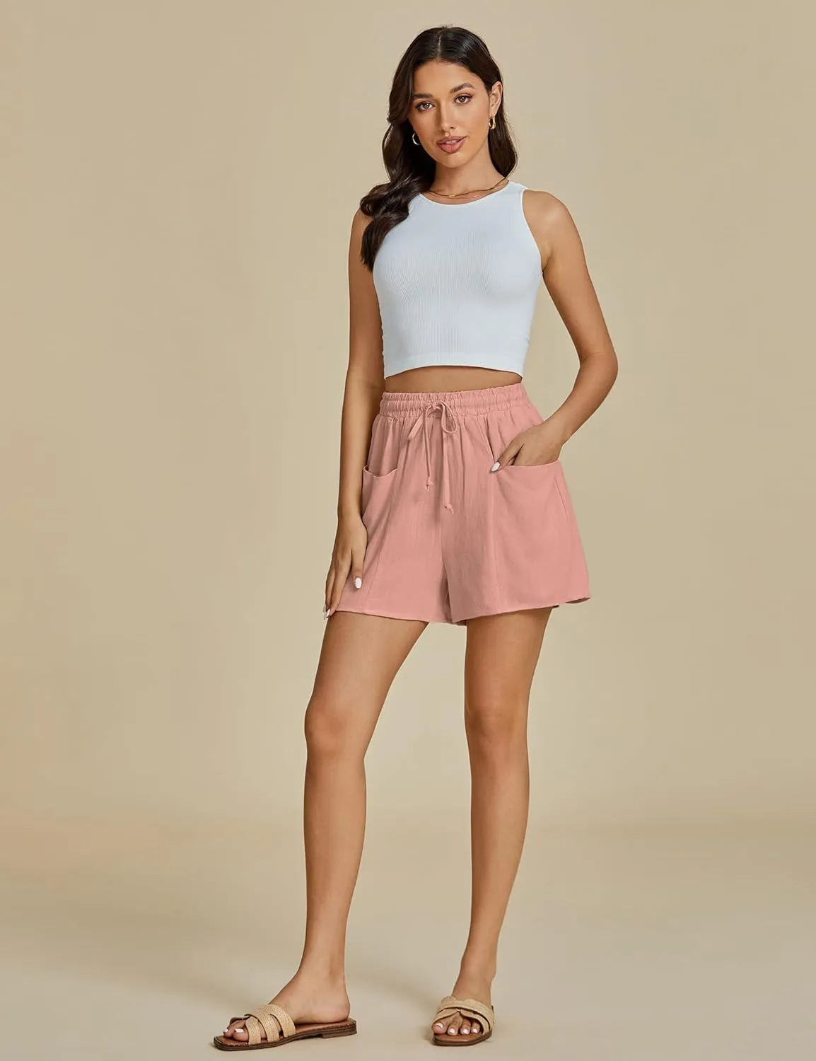 luvamia Linen Shorts for Women Trendy High Waisted Casual Summer Pull On Drawstring Beach Loost Fit Shorts with Pockets