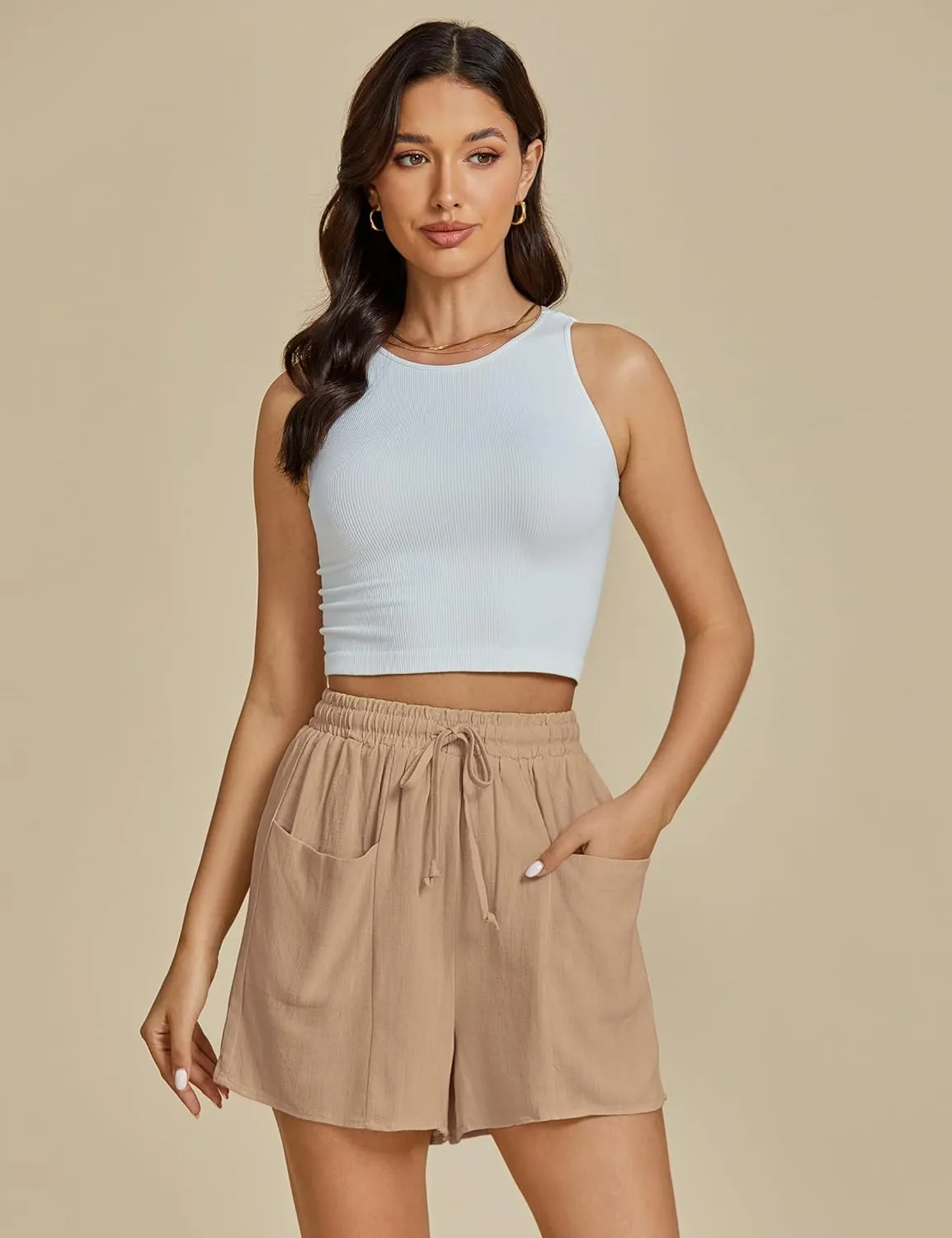 luvamia Linen Shorts for Women Trendy High Waisted Casual Summer Pull On Drawstring Beach Loost Fit Shorts with Pockets
