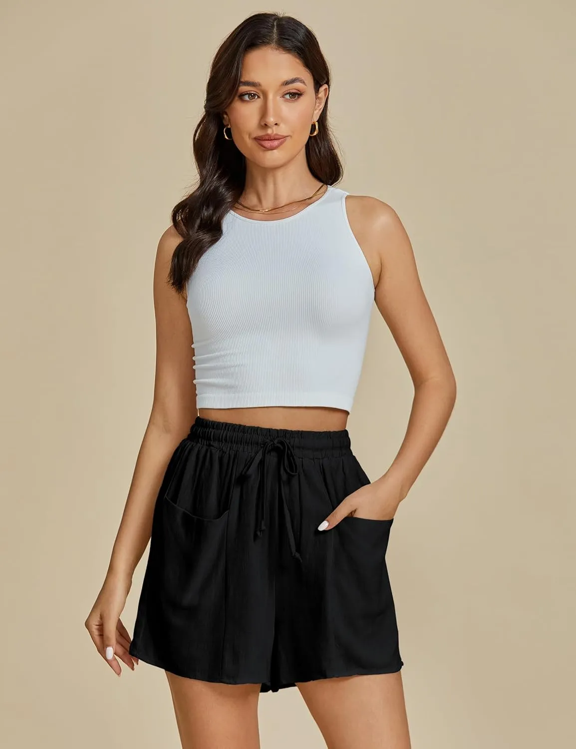 luvamia Linen Shorts for Women Trendy High Waisted Casual Summer Pull On Drawstring Beach Loost Fit Shorts with Pockets